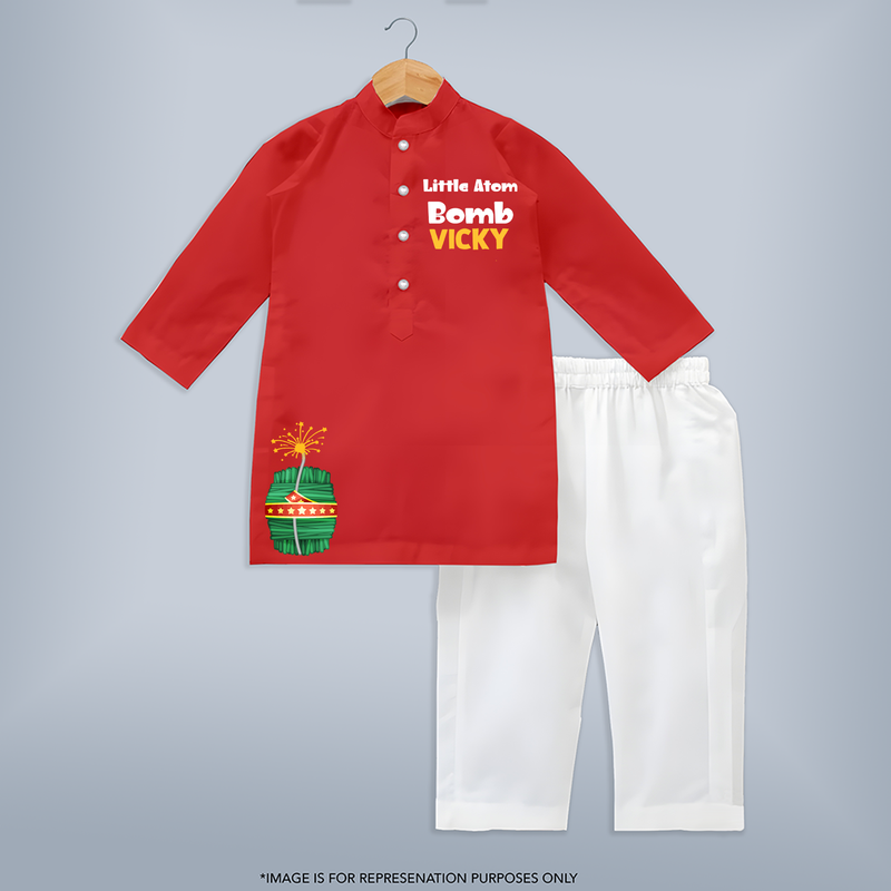 Little Bomb Kurta | Personalized Kids Kurta for Diwali Celebration - RED - 3 - 6 Months Old (Chest 24", Kurta Length 14'', Waist 19", Pant Length 14")