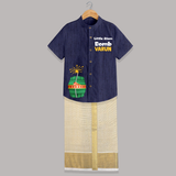 Little Atom Bomb Diwali Shirt and Dhoti  - DARK BLUE - 0 - 6 Months Old (Chest-23") (Dhoti length-14")