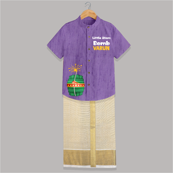Little Atom Bomb Diwali Shirt and Dhoti  - ROYAL PURPLE - 0 - 6 Months Old (Chest-23") (Dhoti length-14")