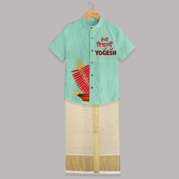 Diwali Diya Celebration Shirt and Dhoti  - AQUA GREEN - 0 - 6 Months Old (Chest-23") (Dhoti length-14")