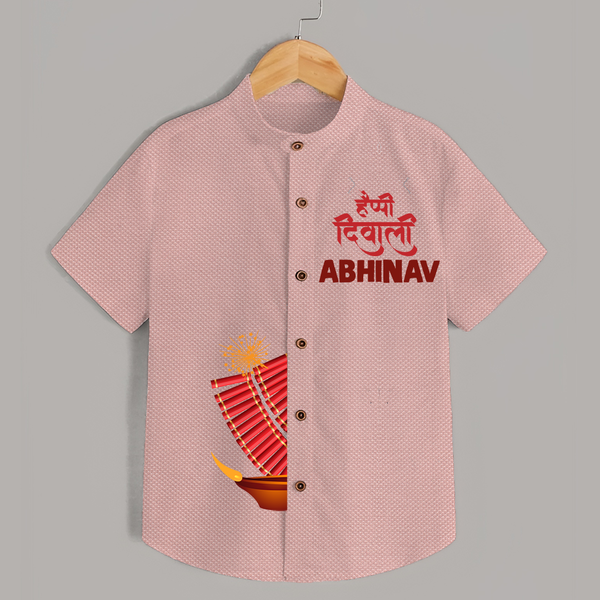 Diwali Celebration Starts Shirt | Personalized Kids Festival Shirt - PEACH - 0 - 6 Months Old (Chest 23")
