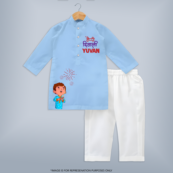 Happy Diwali Celebration Kurta  - BABY BLUE - 3 - 6 Months Old (Chest 24", Kurta Length 14'', Waist 19", Pant Length 14")