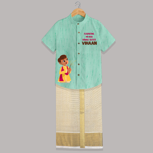 My First Diwali Outfit Shirt and Dhoti  - AQUA GREEN - 0 - 6 Months Old (Chest-23") (Dhoti length-14")