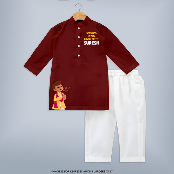 Flaunting My New Diwali Outfit Kurta | Personalized Kids Festival Kurta - MAROON - 3 - 6 Months Old (Chest 24", Kurta Length 14'', Waist 19", Pant Length 14")