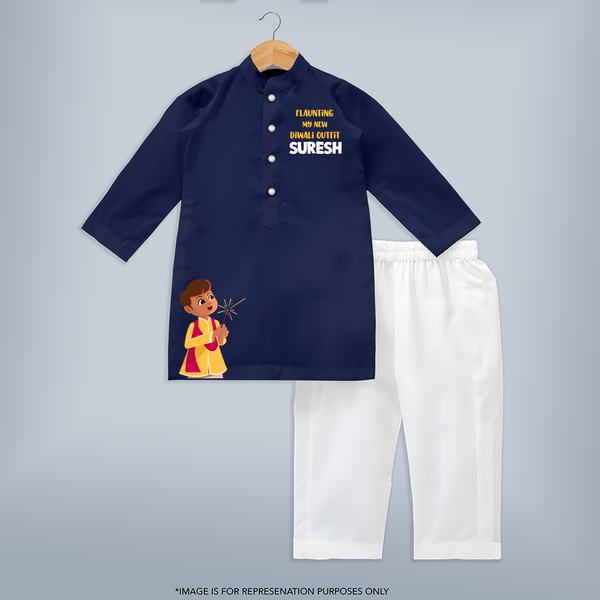 Flaunting My New Diwali Outfit Kurta | Personalized Kids Festival Kurta - NAVY BLUE - 3 - 6 Months Old (Chest 24", Kurta Length 14'', Waist 19", Pant Length 14")