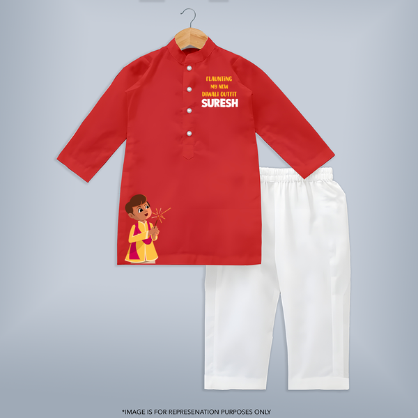 Flaunting My New Diwali Outfit Kurta | Personalized Kids Festival Kurta - RED - 3 - 6 Months Old (Chest 24", Kurta Length 14'', Waist 19", Pant Length 14")