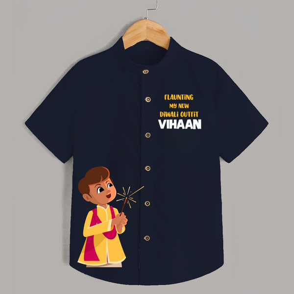 My First Diwali Outfit Shirt  - NAVY BLUE - 0 - 6 Months Old (Chest 23")