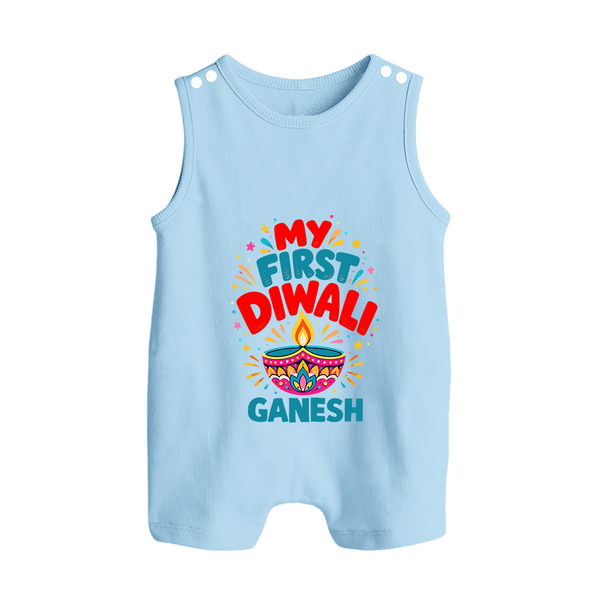 My First Diwali  Button Romper  - BABY BLUE - New Born (Chest 18")