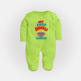 My First Diwali  Full Body Suit  - LIME GREEN - New Born (Chest 7.5")