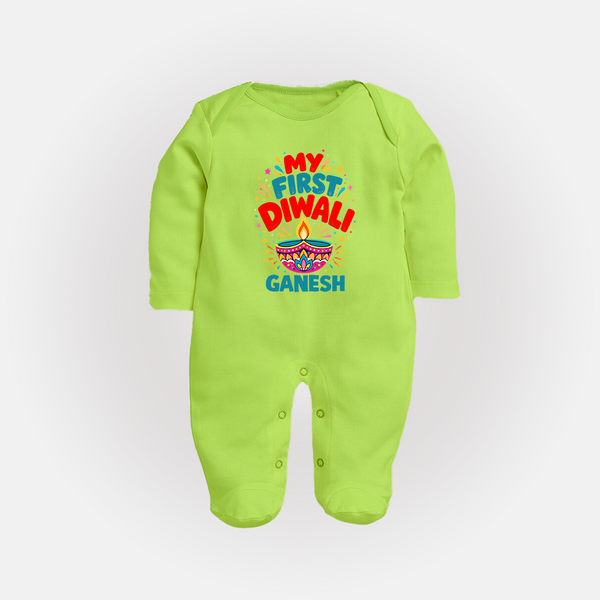 My First Diwali  Full Body Suit  - LIME GREEN - New Born (Chest 7.5")