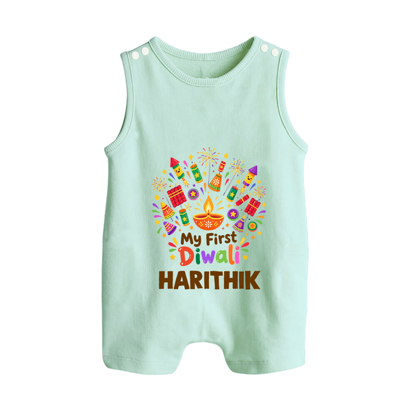 My First Diwali Crackers Celebration Button Romper  - MINT GREEN - New Born (Chest 18")