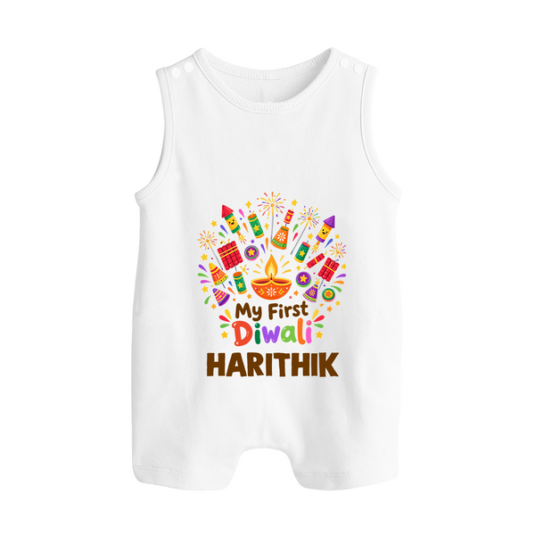 My First Diwali Crackers Celebration Button Romper  - WHITE - New Born (Chest 18")
