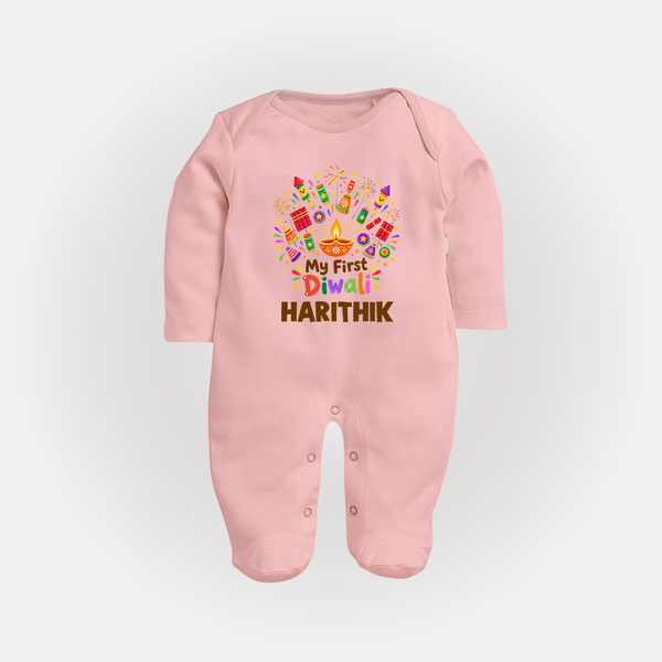 My First Diwali Crackers Celebration Full Body Suit  - BABY PINK - New Born (Chest 7.5")