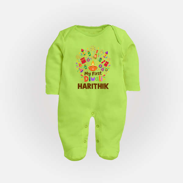 My First Diwali Crackers Celebration Full Body Suit  - LIME GREEN - New Born (Chest 7.5")