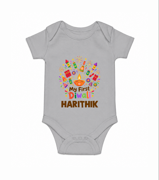 My First Diwali Crackers Celebration Romper  - GREY - New Born (Chest 14")