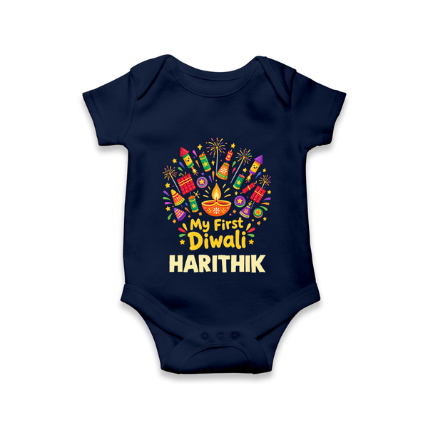 My First Diwali Crackers Celebration Romper  - NAVY BLUE - New Born (Chest 14")