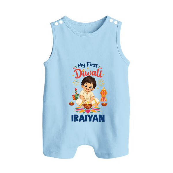 My First Diwali Pooja Celebration Button Romper  - BABY BLUE - New Born (Chest 18")