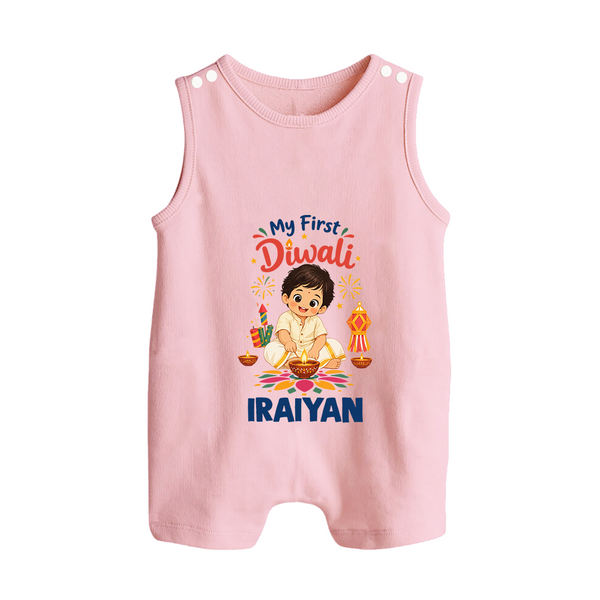 My First Diwali Pooja Celebration Button Romper  - BABY PINK - New Born (Chest 18")
