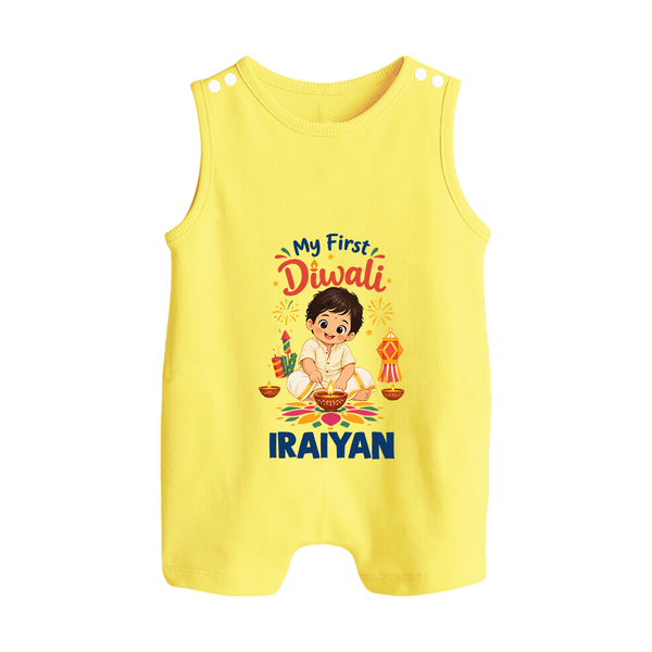 My First Diwali Pooja Celebration Button Romper  - PASTEL YELLOW - New Born (Chest 18")