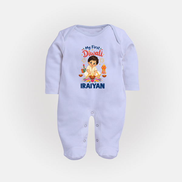 My First Diwali Pooja Celebration Full Body Suit  - BABY BLUE - New Born (Chest 7.5")