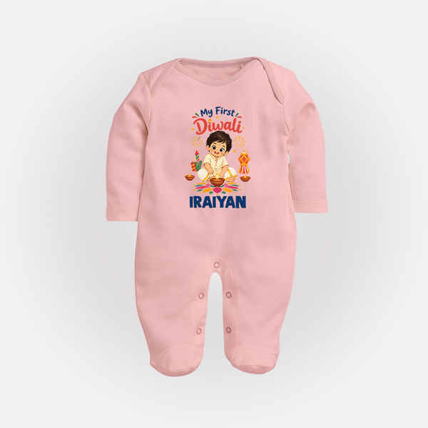 My First Diwali Pooja Celebration Full Body Suit  - BABY PINK - New Born (Chest 7.5")