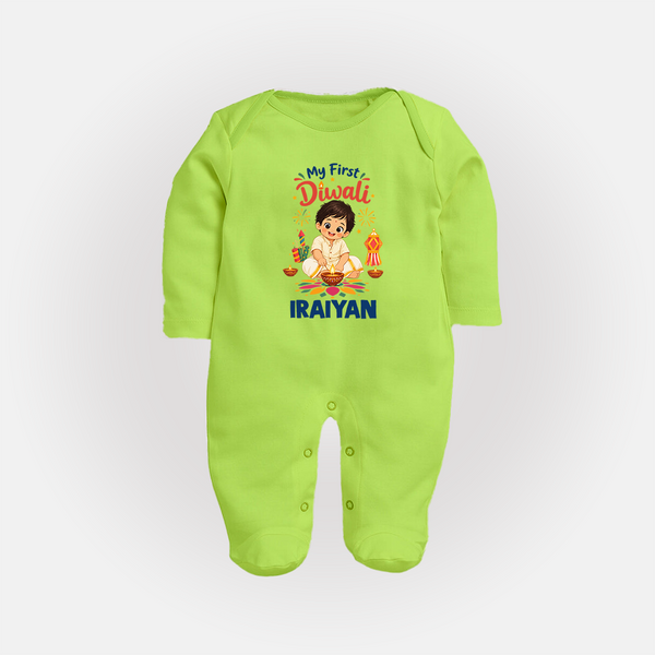 My First Diwali Pooja Celebration Full Body Suit  - LIME GREEN - New Born (Chest 7.5")