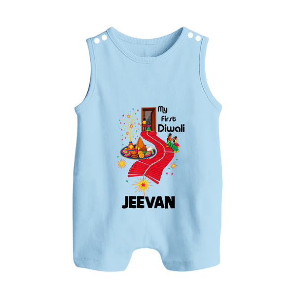 My First Diwali Doorway Celebration Button Romper  - BABY BLUE - New Born (Chest 18")