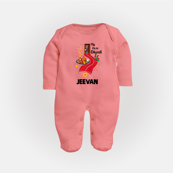 My First Diwali Doorway Celebration Full Body Suit  - PEACH - New Born (Chest 7.5")