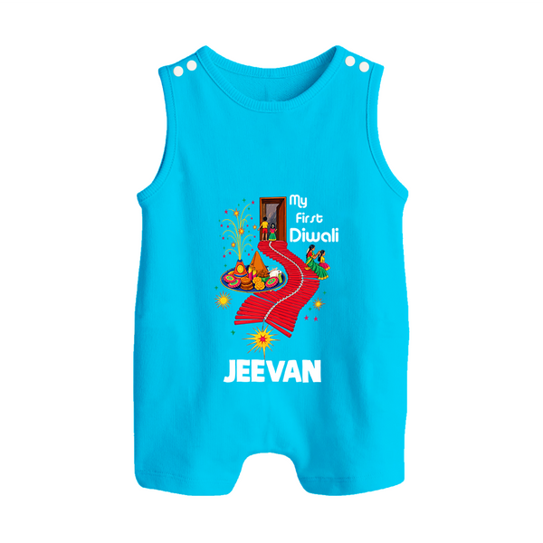 My First Diwali Doorway Celebration Button Romper  - SKY BLUE - New Born (Chest 18")