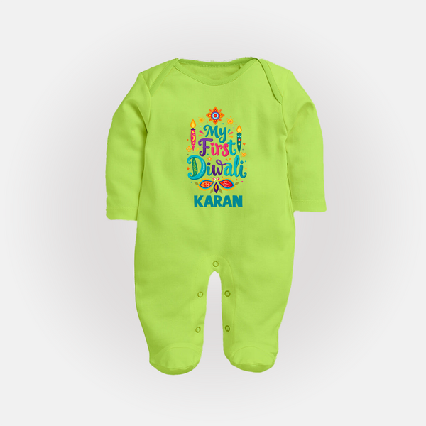 My First Diwali Festive Glow Full Body Suit  - LIME GREEN - New Born (Chest 7.5")
