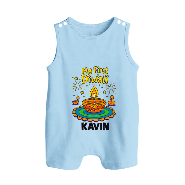 My First Diwali Diya Celebration Button Romper  - BABY BLUE - New Born (Chest 18")