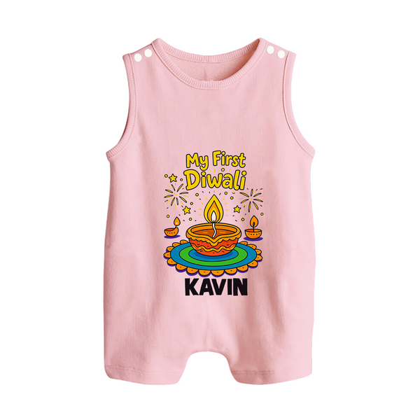 My First Diwali Diya Celebration Button Romper  - BABY PINK - New Born (Chest 18")