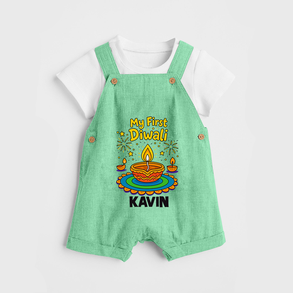 My First Diwali Diya Celebration Dungaree  - GREEN - 0 - 5 Months Old (Chest 18")