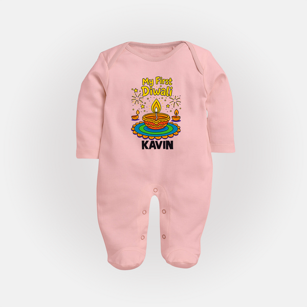 My First Diwali Diya Celebration Full Body Suit  - BABY PINK - New Born (Chest 7.5")