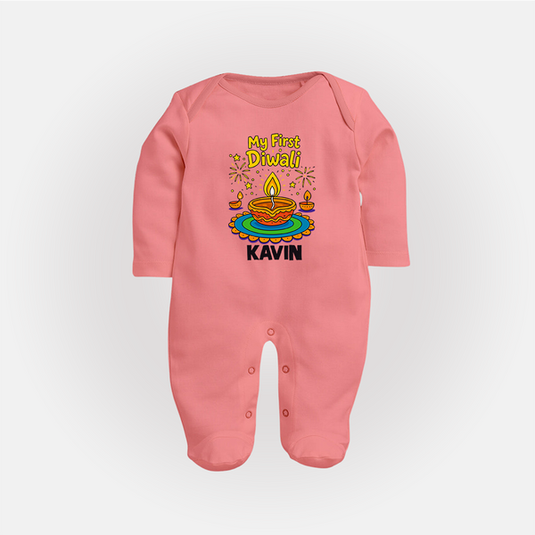 My First Diwali Diya Celebration Full Body Suit  - PEACH - New Born (Chest 7.5")