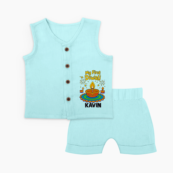 My First Diwali Diya Celebration Jabla Set  - BABY BLUE - 0 - 3 Months Old (Chest 9.8")