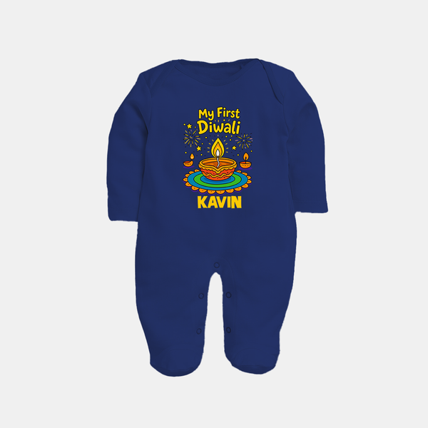 My First Diwali Diya Celebration Full Body Suit  - NAVY BLUE - New Born (Chest 7.5")