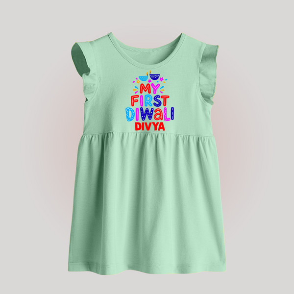 My First Diwali Colorful Lights Baby Frock  - MINT GREEN - 0 - 3 Months Old (Chest 17")