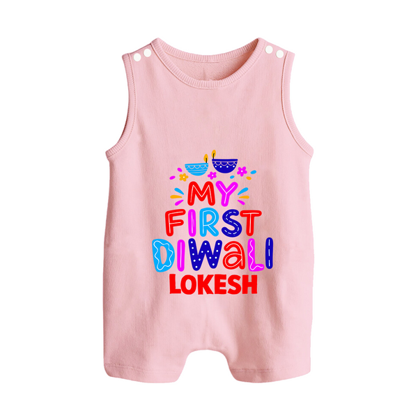 My First Diwali Colorful Lights Button Romper  - BABY PINK - New Born (Chest 18")