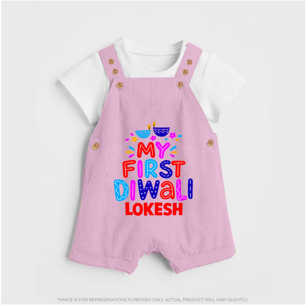 My First Diwali Colorful Lights Dungaree  - BABY PINK - 0 - 5 Months Old (Chest 18")