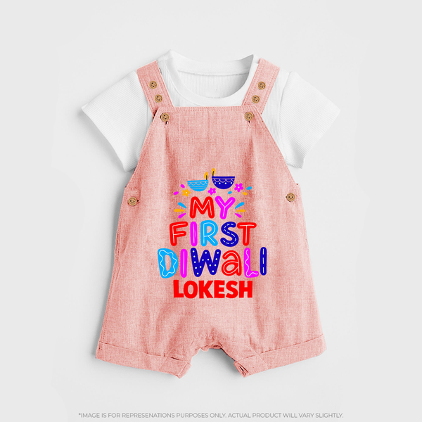 My First Diwali Colorful Lights Dungaree  - PEACH - 0 - 5 Months Old (Chest 18")
