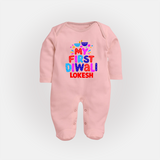 My First Diwali Colorful Lights Full Body Suit  - BABY PINK - New Born (Chest 7.5")