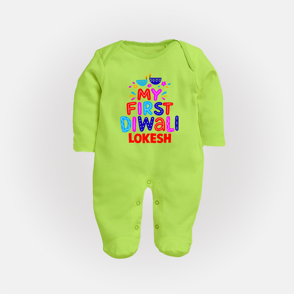 My First Diwali Colorful Lights Full Body Suit  - LIME GREEN - New Born (Chest 7.5")