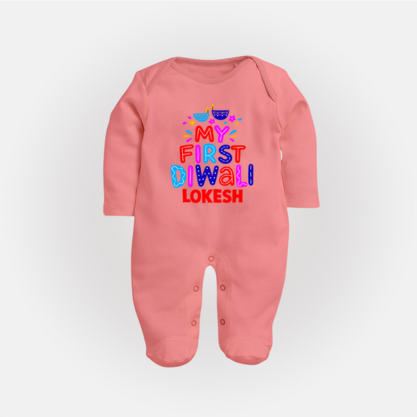 My First Diwali Colorful Lights Full Body Suit  - PEACH - New Born (Chest 7.5")