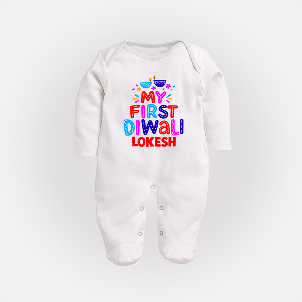 My First Diwali Colorful Lights Full Body Suit  - WHITE - New Born (Chest 7.5")
