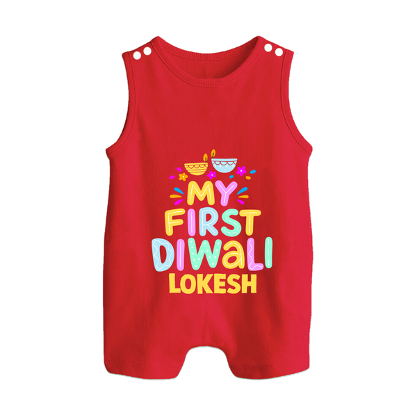 My First Diwali Colorful Lights Button Romper  - RED - New Born (Chest 18")