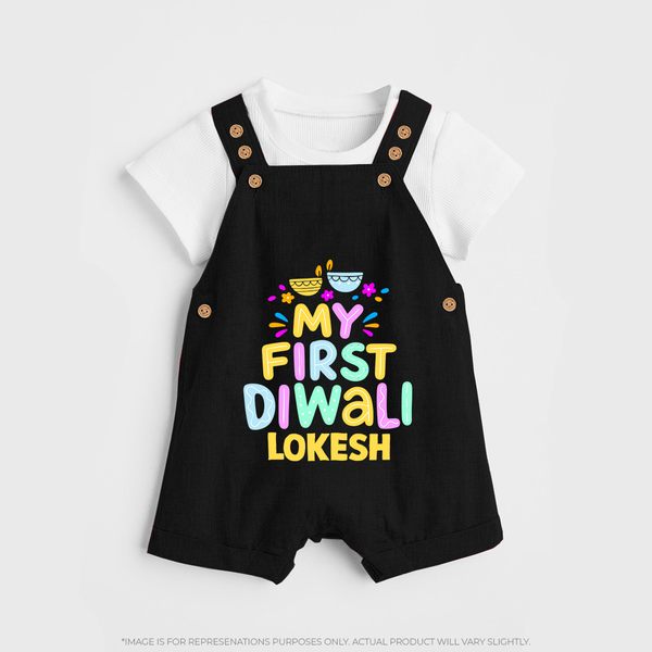 My First Diwali Colorful Lights Dungaree  - BLACK - 0 - 5 Months Old (Chest 18")