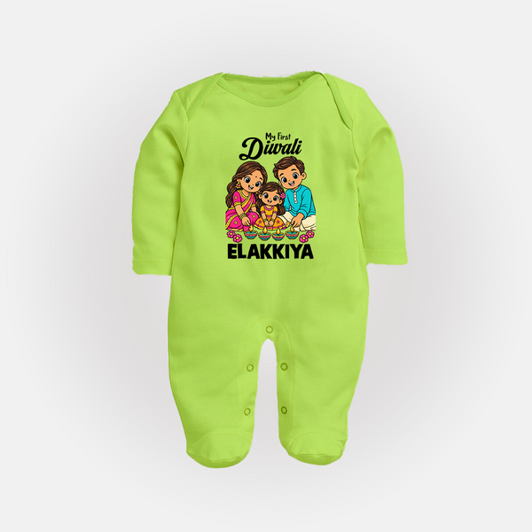 My First Diwali Family Celebration Full Body Suit  - LIME GREEN - New Born (Chest 7.5")