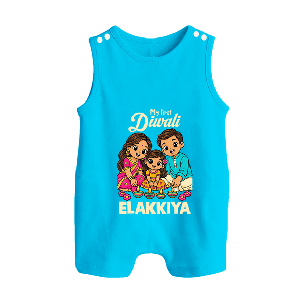 My First Diwali Family Celebration Button Romper  - SKY BLUE - New Born (Chest 18")
