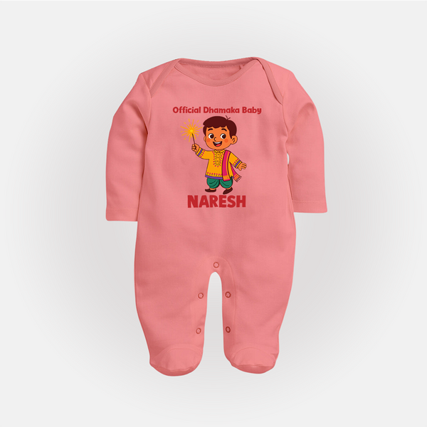 Official Dhamaka Baby Diwali Full Body Suit  - PEACH - New Born (Chest 7.5")